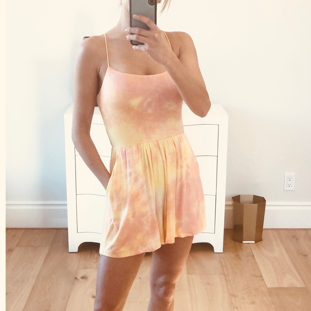 LAST 1! Tie Dye Romper Lace Up Back Yellow Small - Picture 4 of 9